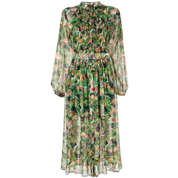 SALONI Raquel Silk Chiffon Belted Midi Dress Jade Palmier Saks 8 NWT $815 - Picture 2 of 15